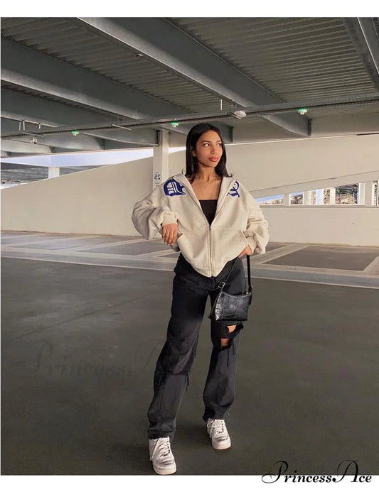Spring Hoodie Hop Zipper Y2K Oversized Women’s Gray Embroidery Letter Streetwear Punk Hip Sweatshirt