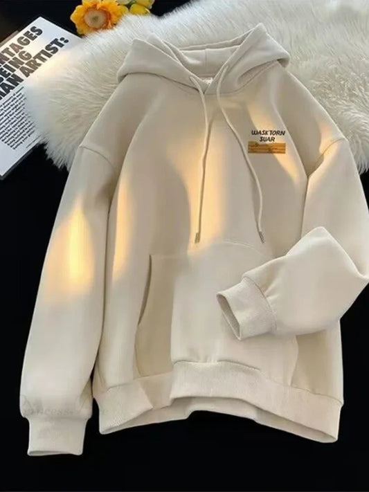 Spring Letter Graphic Streetwear Hoodie apricot / M(40-50KG)