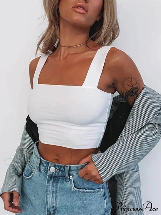 Square Neck Sleeveless Summer Crop Women Black Casual Basic T Shirt Off Shoulder Cami Sexy Backless