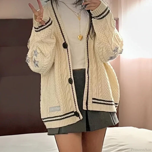 Star Embroidery Knit Button-up Cardigan white / S