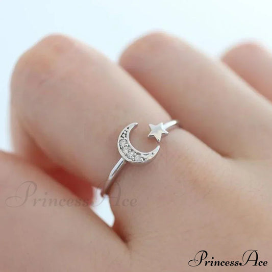 Star Moon Adjustable Couple Ring Resizable / Silver