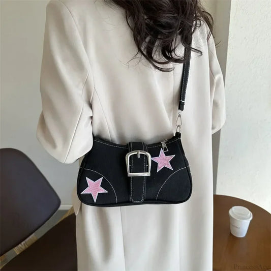 Stars Pattern Canvas Underarm Shoulder Bag Black1 shoulder-250126