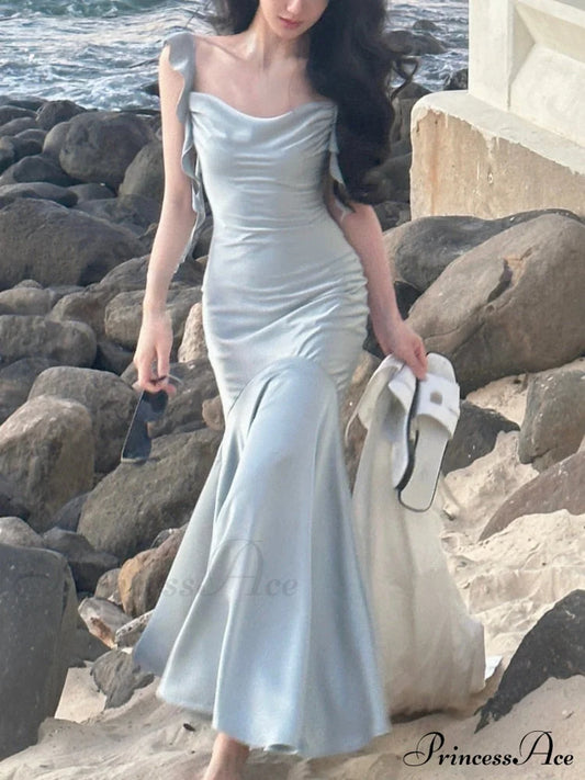 Strap Vintage Gown - Party Elegant Satin Midi Korean Casual Fashion Sky Blue / S