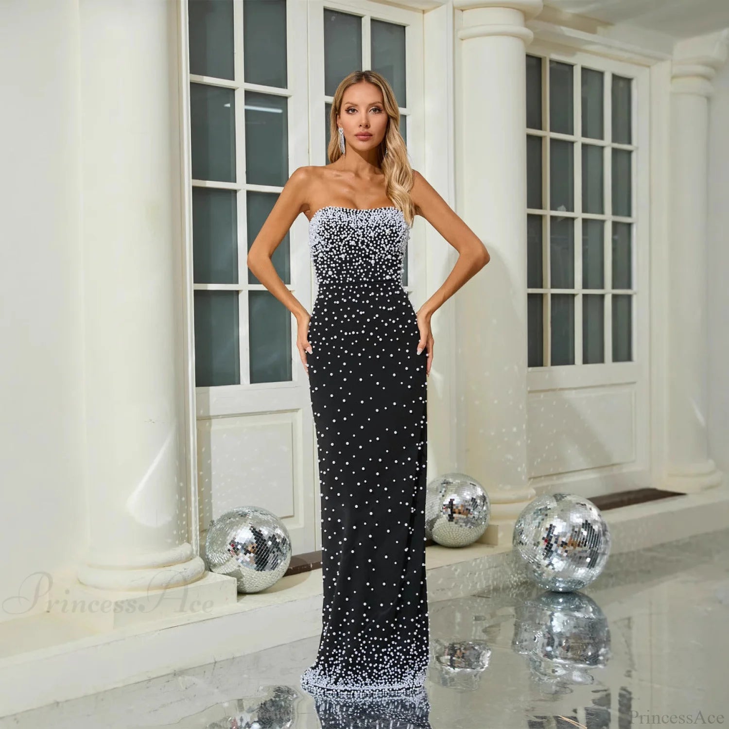 Fabulous Floor Length Strapless Pleated Satin Split Front Prom Dress With Chain