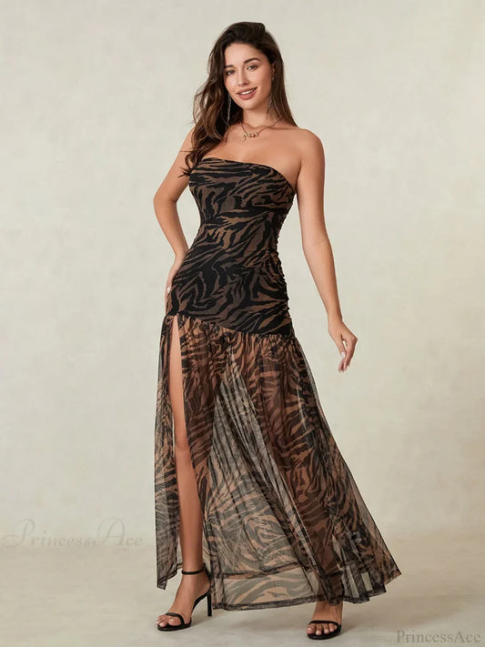 Strapless High Slit Mesh Hem Floral Dress BLACK / S floraldress-250126