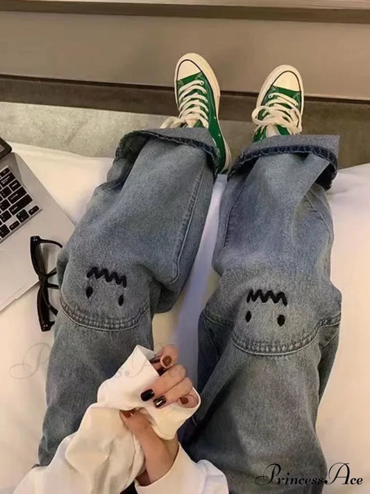 Street Trend Ruffian Handsome Letter Hip Hop Personality Fashion Ladies Trousers Jean Blue / S