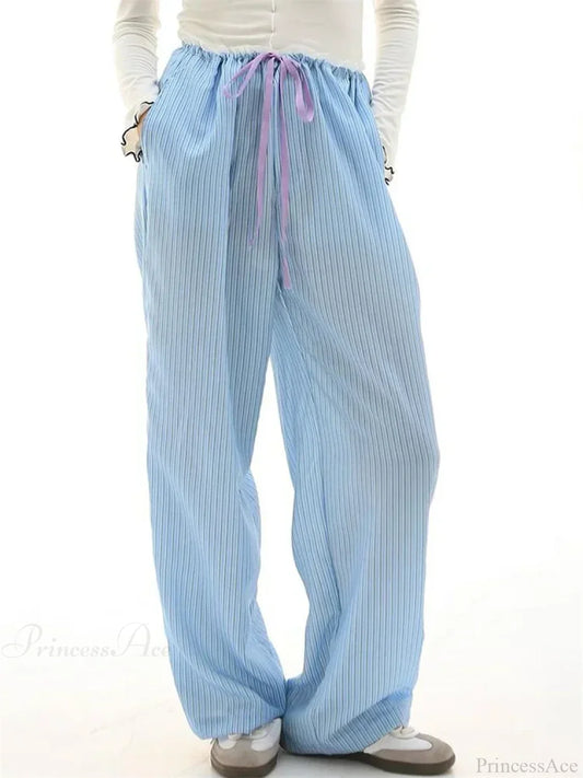 Stripe Drawstring Wide Leg Casual Sweatpant Pant Blue / S pant-250223