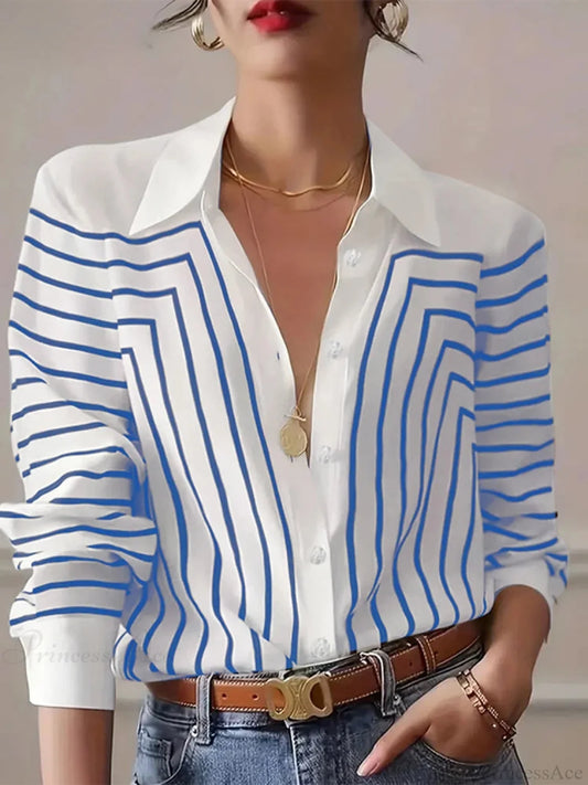 Stripe Printed O-neck Blouse Office Wear Blouse Blue / S blouse-250126