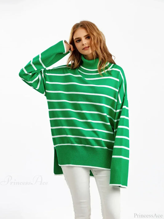 Striped Casual Thick Black Sweater Green / One Size