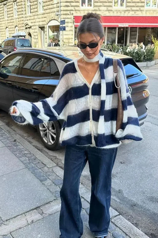 Striped Contrast V-neck Loose Cardigan White / S