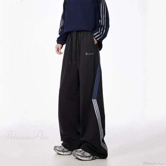 Striped Drawstring Vintage High Waist Pants Black / M