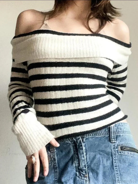 Striped Knitted Slash Neck Long Sleeve Basic Pullover Sweater WHITE / S knittop-250126