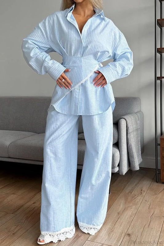 Striped Lace Casual Long Sleeve Pants Scarf Three Piece Set