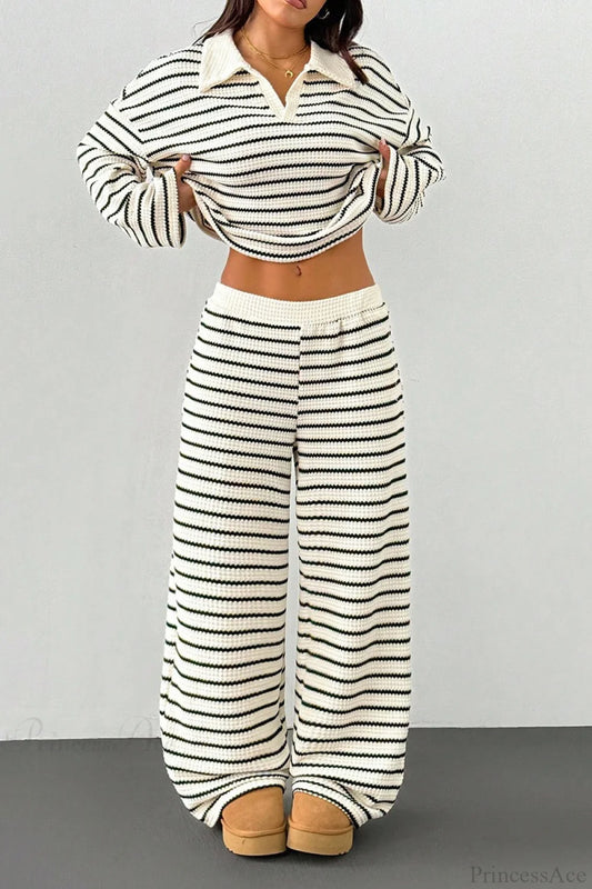 Striped Long Sleeve Pullover Wide Leg Two Piece Set Stripe / S