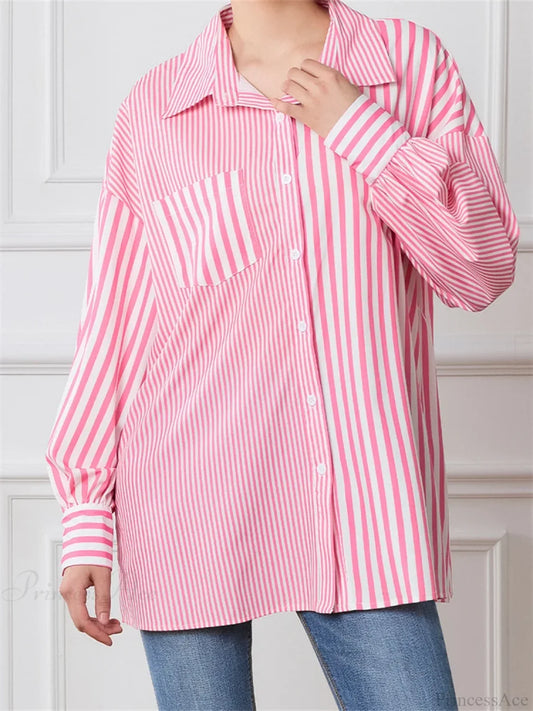 Striped Patchwork Button-Down Blouse pink / S blouse-250223