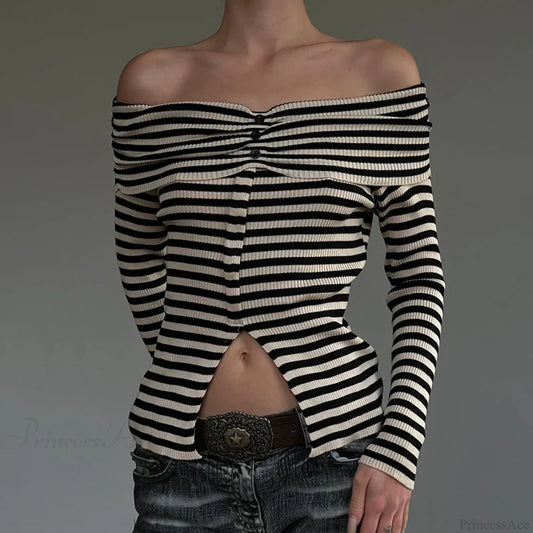 Striped Slash Neck Knit Top Black / S