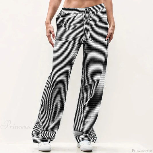 Striped Solid Wide Leg Pants Black / S