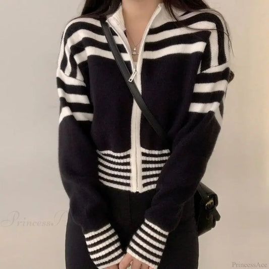 Striped Zipper Stand-Up Collar Cardigan Black / S