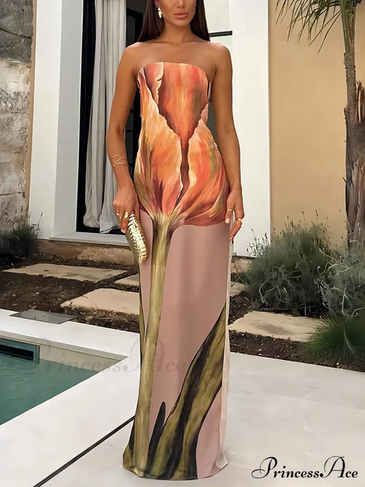 Stylish Graffiti Print Charming Sleeveless Off-Shoulder Maxi Dress Pink / S Dresses