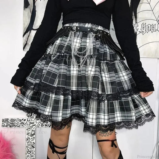 Stylish Tartan Patchwork Lace Skirt Black / S