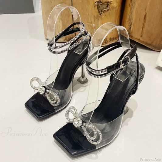Summer Party Wedding Sandals Crystal Rhinestone Bowknot High Heels Pvc Transparent Pumps Heel Black