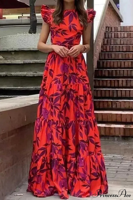 Summer Print Maxi Flying Sleeve Party Robe Vintage Boho Dress Red / S