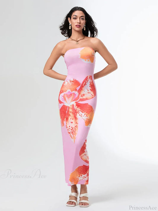 Summer Strapless Backless Wrap Floral Dress Pink / S floraldress-250126