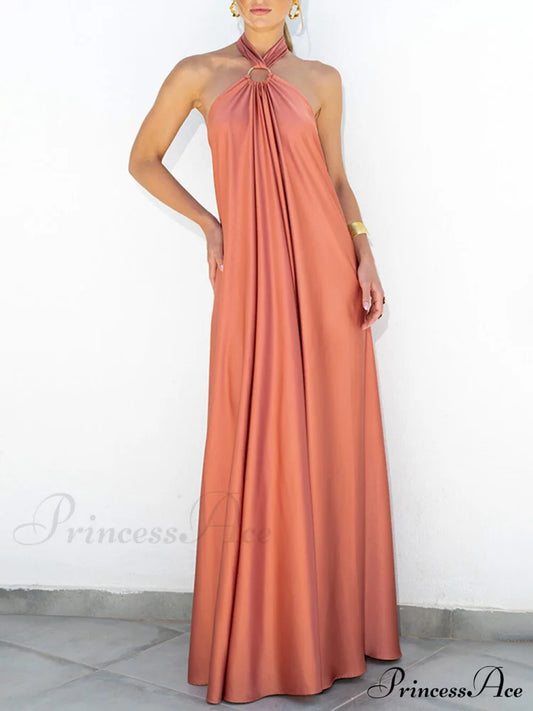 Summer Temperament Satin Charming Halter Swing Gown Dresses Orange / S