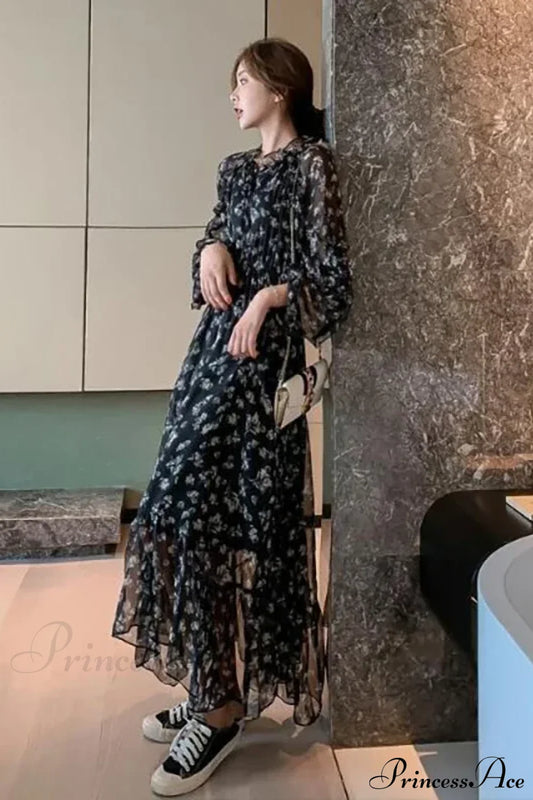 Summer Thin Floral Chiffon Lace Vintage Black Boho Dress