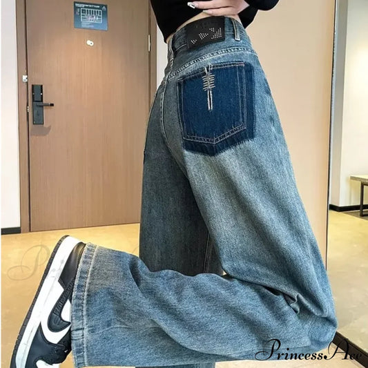 Summer Thin Vintage Blue High Waist Slim Pear Shaped Contrast Straight Leg Wide Jean Retro Color /