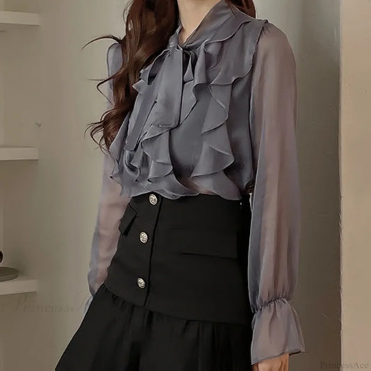Sweet Bow Chiffon Casual Long Sleeve Blouse blouse-250126