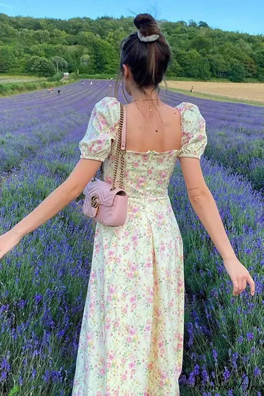 Sweet Fairy Short Sleeve Midi Floral High Waist Boho Dress