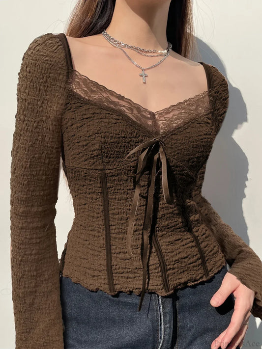 Sweet Patchwork Lace Trim Slim Square Collar Long Sleeve Knit Top Brown / S knittop-250126