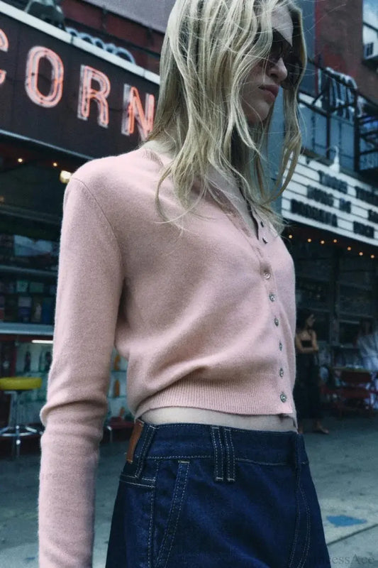 Sweet Pink Round Neck Short Cardigan Pink / S