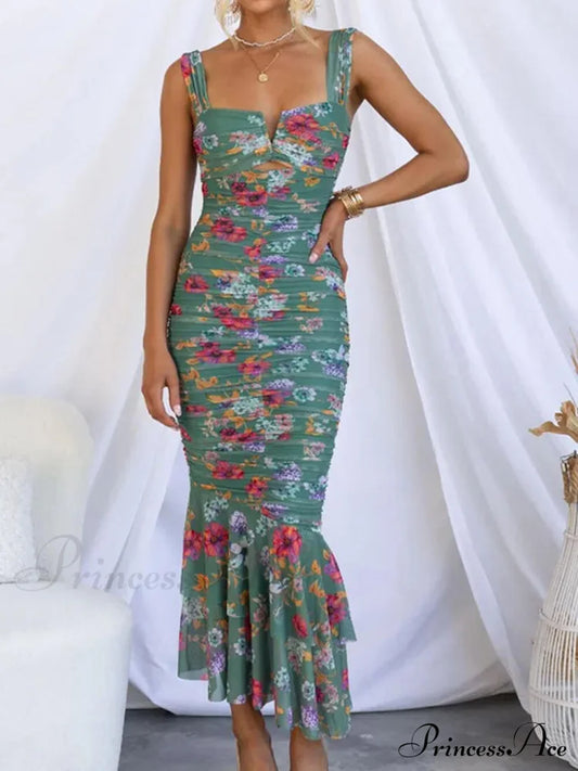 Sweetheart Neck Strap Printed Graceful Pleated Mesh Maxi Dress Green / S Dresses