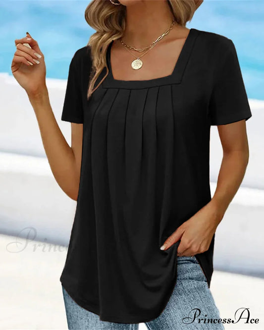 Square neck solid color short sleeve t-shirt Black 23BF clothes Short Sleeve Tops Summer T-shirts Tops/Blouses