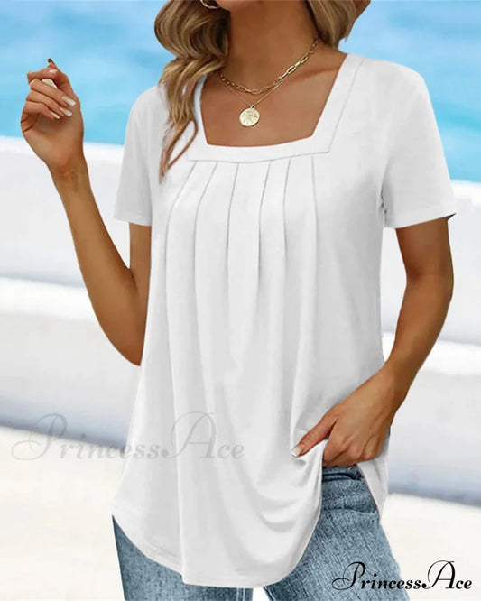 Square neck solid color short sleeve t-shirt White 23BF clothes Short Sleeve Tops Summer T-shirts Tops/Blouses