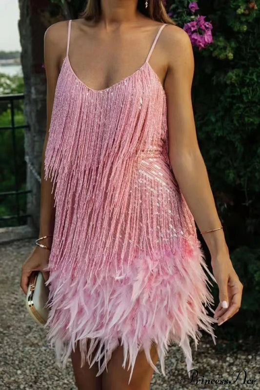 Tassel Sequin V-Neck Bodycon Party Dress Pink / S