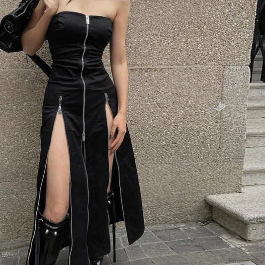 Technical Zip Up Split Ebony Midi Dress