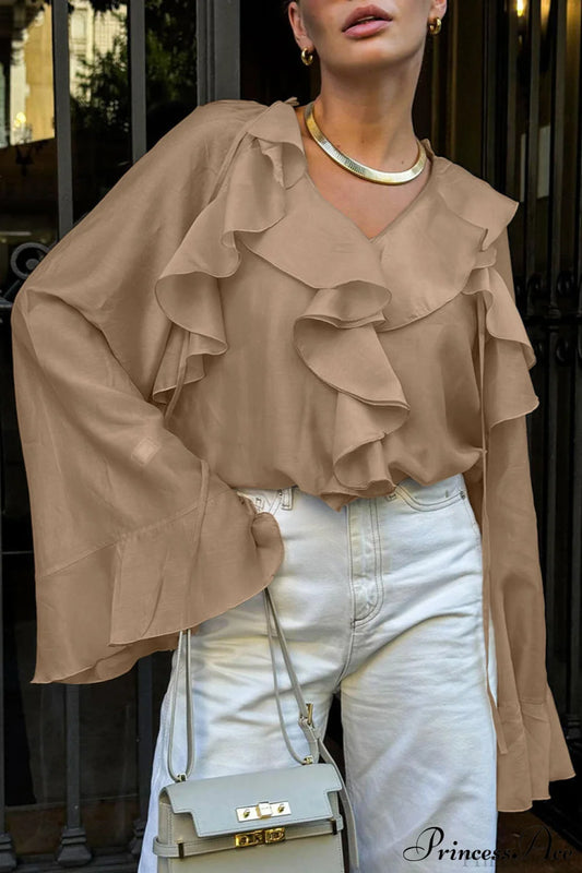 Tencel Ruffled Tie Double Layer Blouse Khaki / S