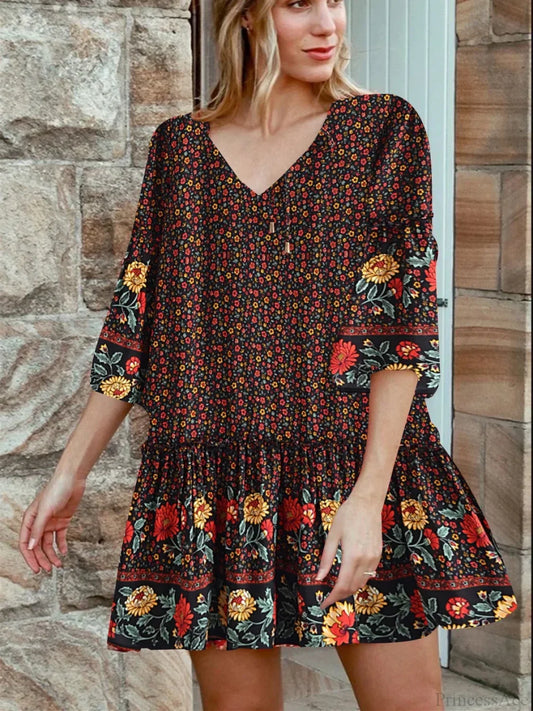 Tie Neck Ruffles Floral Print Rayon Summer Mini Vacation Boho Dress Black / S bohodress-250126