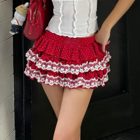 Tiered Lace Trim Bloomers Skirt Red / S skirts-250223