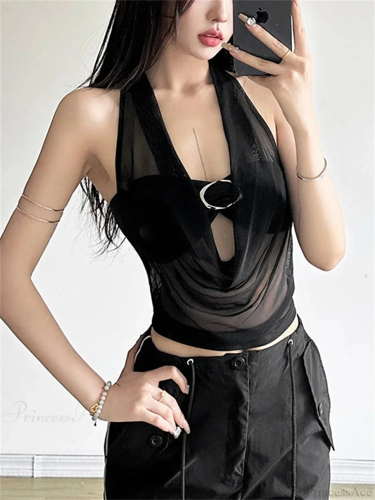 Transparent Mesh Halter Crop Top black / S
