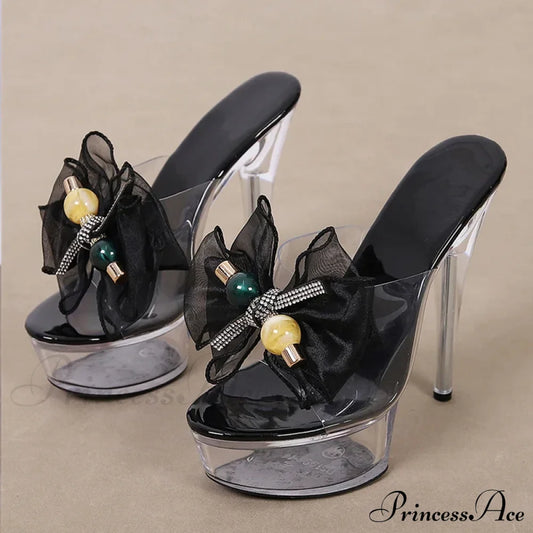 Transparent Platform Slipper For Women Mesh Bowknot Open Toe Super High Heels Party Stripper Shoes