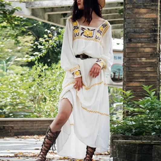 Tunic Dress Cotton Rayon Floral Embroidery Beige / One Size bohodress-250126