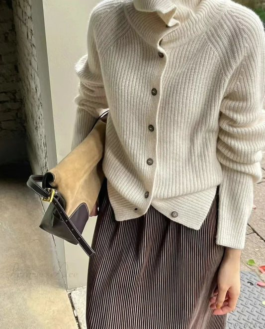 Turtleneck Loose Single Breasted Cardigan WHITE / One Size