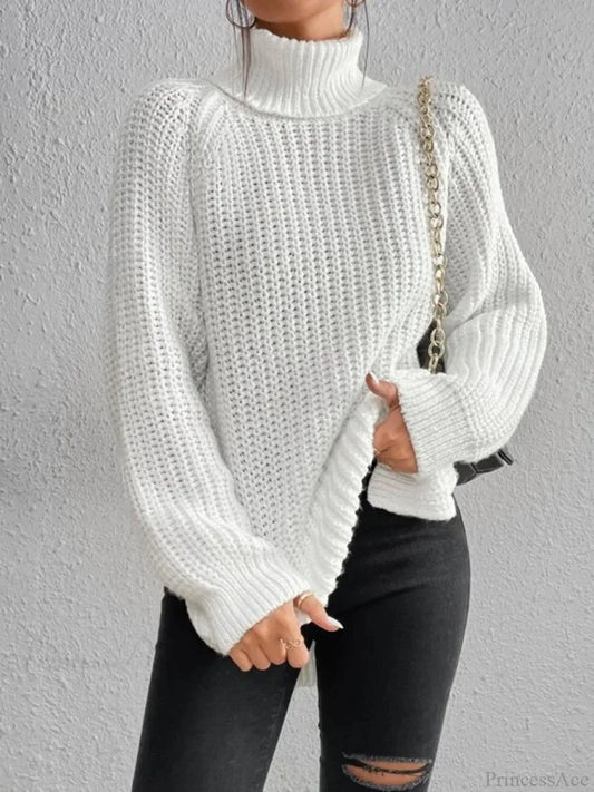 Turtleneck Split Crochet Thick Sweater White / S
