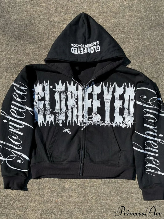 Unique Letter Print Retro Street Zip Hoodie Black / XS