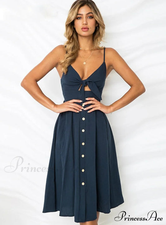 V Backless Midi Length Tunic Beach Dress S / Blue Dresses