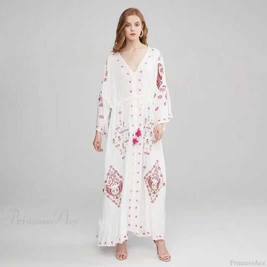 V Collar Embroidery Oversized Casual Cotton Boho Dress WHITE / S bohodress-250126